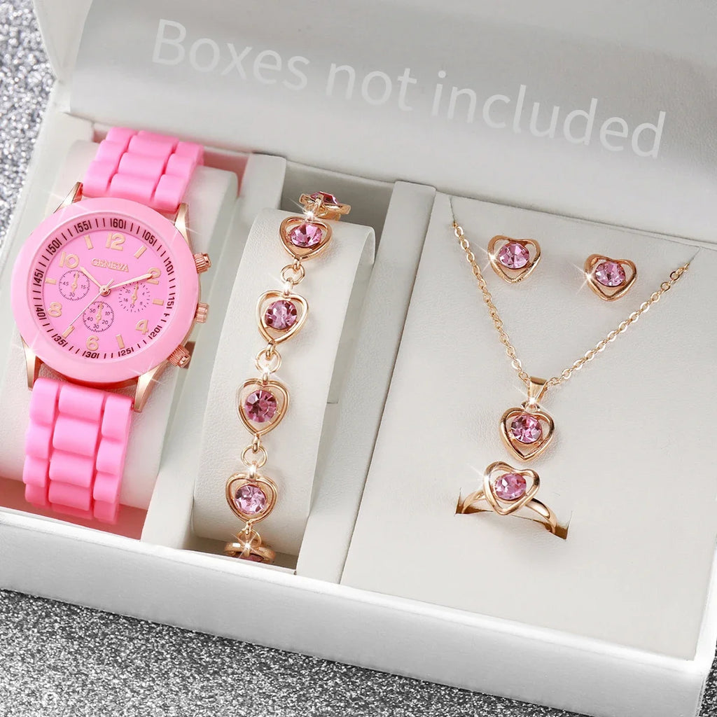 6 Pçs/set Relógio Feminino Casual Banda de Silicone Analógico Relógio de Quartzo Strass Coração Conjunto de Jóias (Sem Caixa) Qme Pink