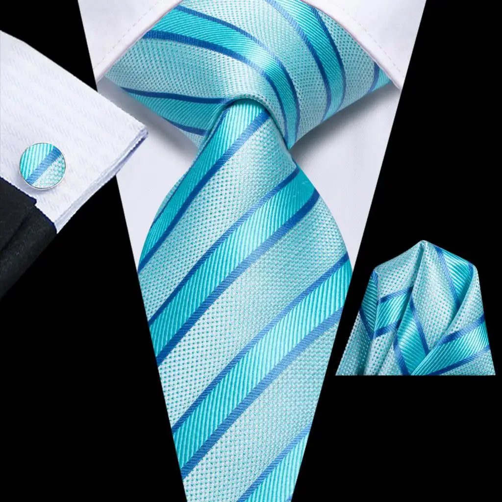 Hi-Tie Striped Navy Blue Mens Fashion Necktie Handkerchief Cufflinks for Tuxedo Accessory Classic Silk Luxury Tie for Man Gift Qme SN-3746