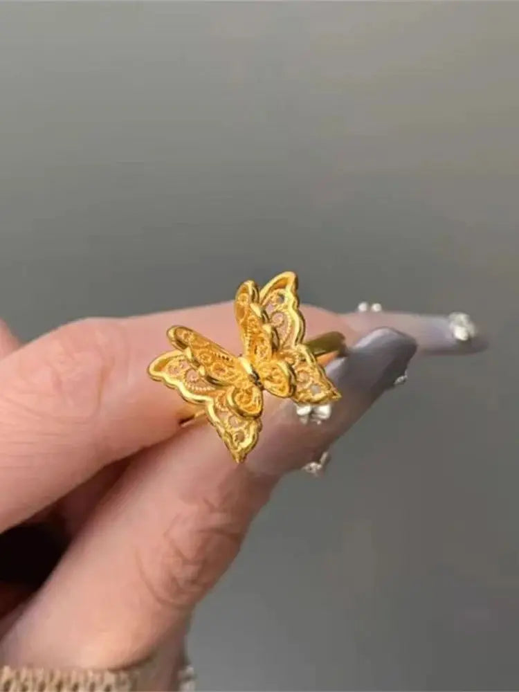 Ancient Golden Hollow Butterfly Open Ring Fashionable Elegant Design Trendy Luxury Ins Advanced Versatile Ring Wholesale Qme resizable Gold