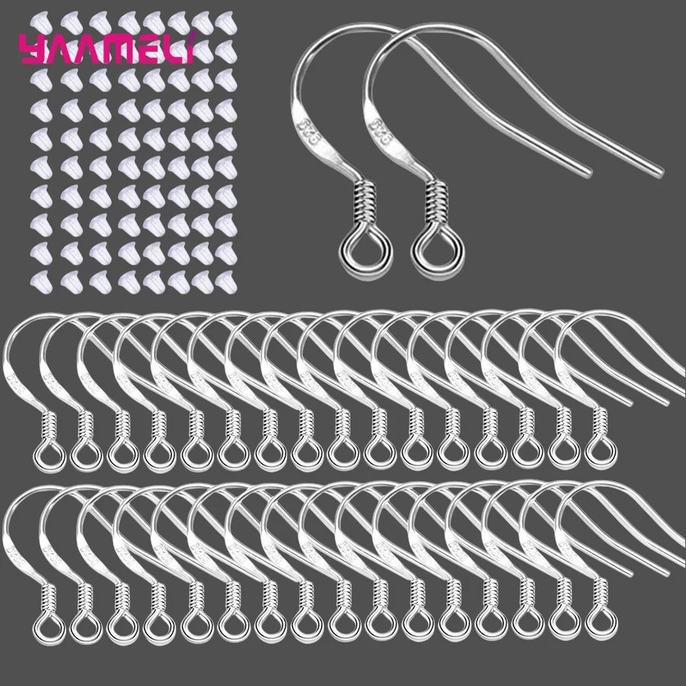 200PCS France Hook Earring 925 Sterling Silver DIY Jewelry Making Components Earwires Findings with Rubber Ear Plug Back Stopper Qme Model 1