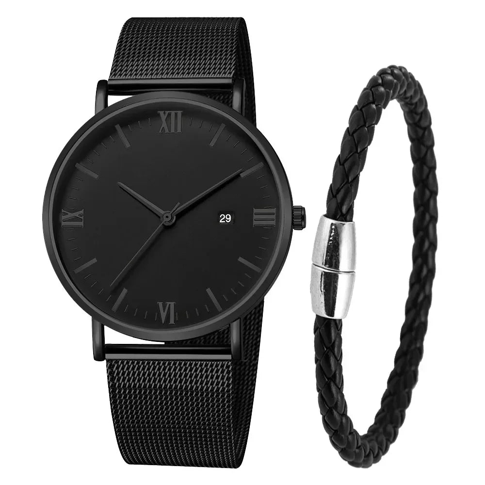 Ultra Thin Men Watch Magnetic Bracelet Quartz Watch Calendar Men Slim Mesh Steel Waterproof Sport Watch Black Relogio Masculino Qme Black set