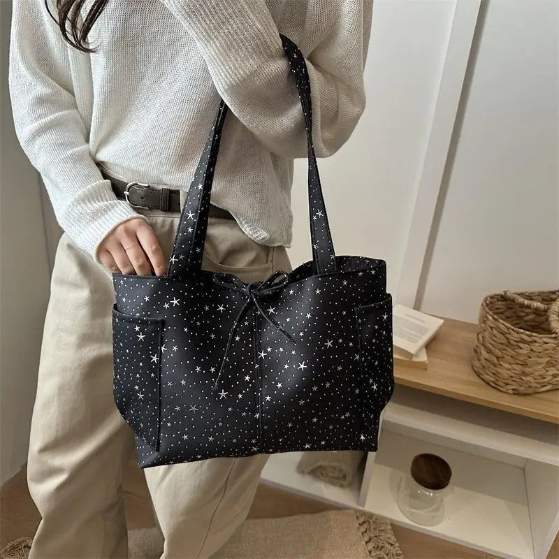 Light Blue Tote Bag With Glitter Star Pattern Bow Decor Multi Pockets For School Shopping Daily Outings Travel Qme