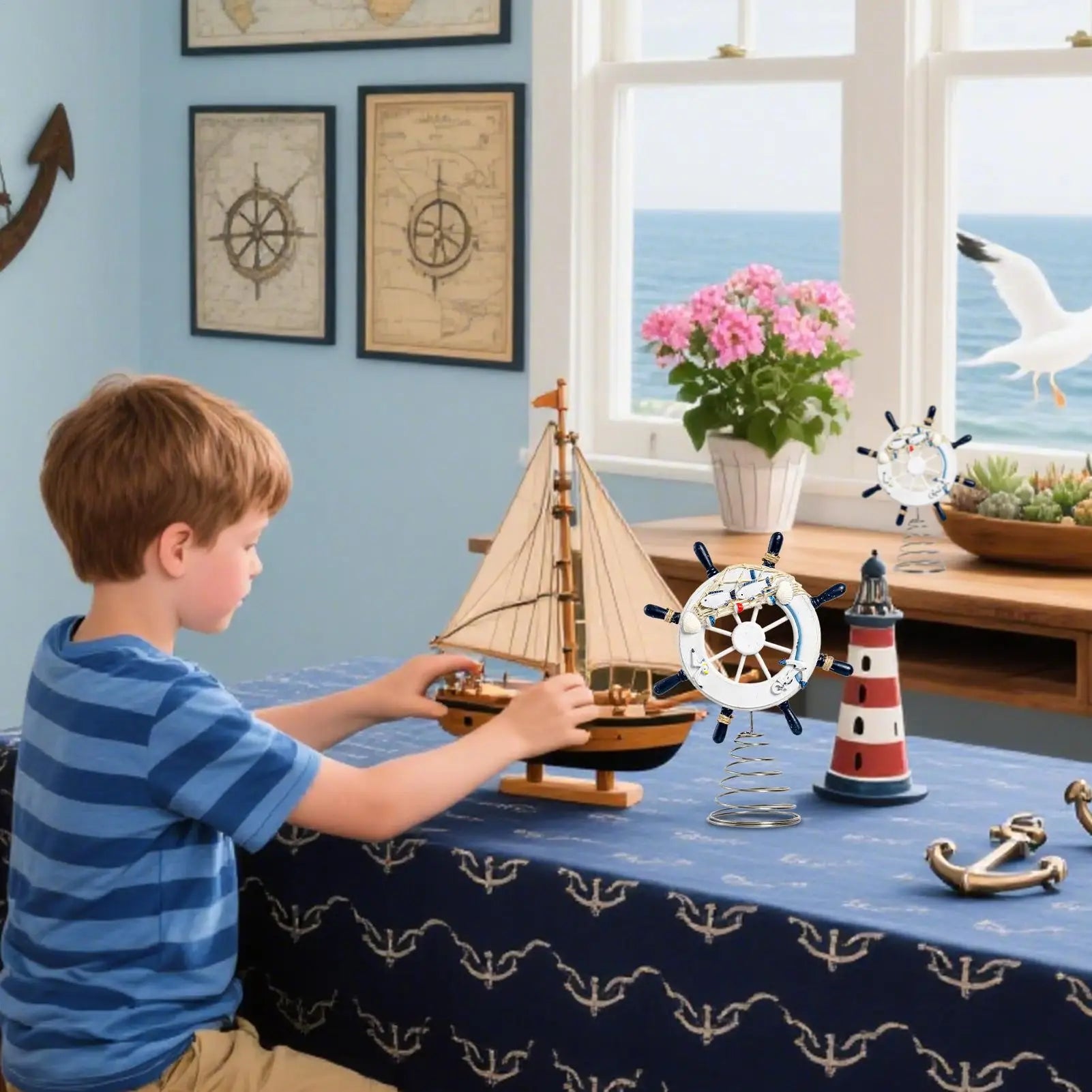 Ship Wheel Decor Coastal Room Fishing Net Aesthetic Decoration Office Qme