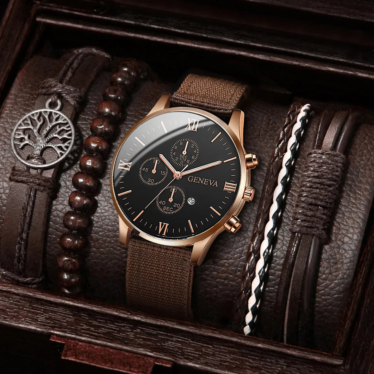 5 Pçs/set Calendário Masculino Relógio Casual Nylon Banda Relógio de Quartzo Conjunto de Pulseiras de Couro Vintage (Sem Caixa) Qme Brown