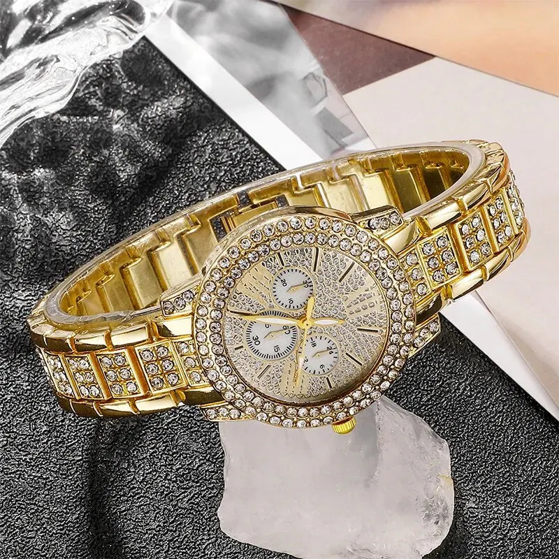 Women's Quartz Watch Gold Luxury Women Ring Necklace Earring Rhinestone Fashion Wristwatch Casual Ladies Watches Jewelry Set Qme