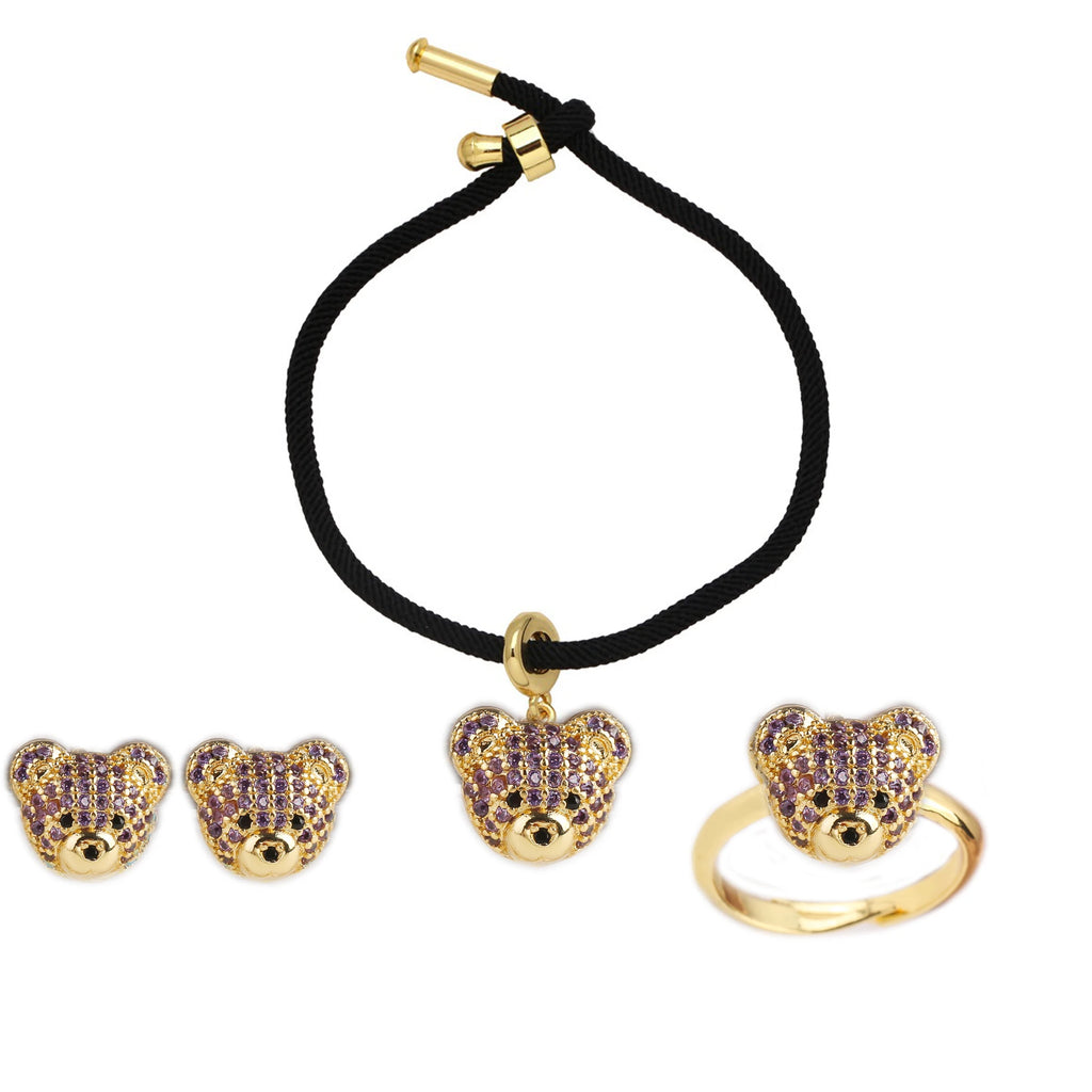 New Arrival Hot Sale Cute Bear Zircon Jewelry Set Bracelet Earrings Ring For Women Delicate Jewelry Birthday Party Bijoux Gift Qme Jewelry Set 2