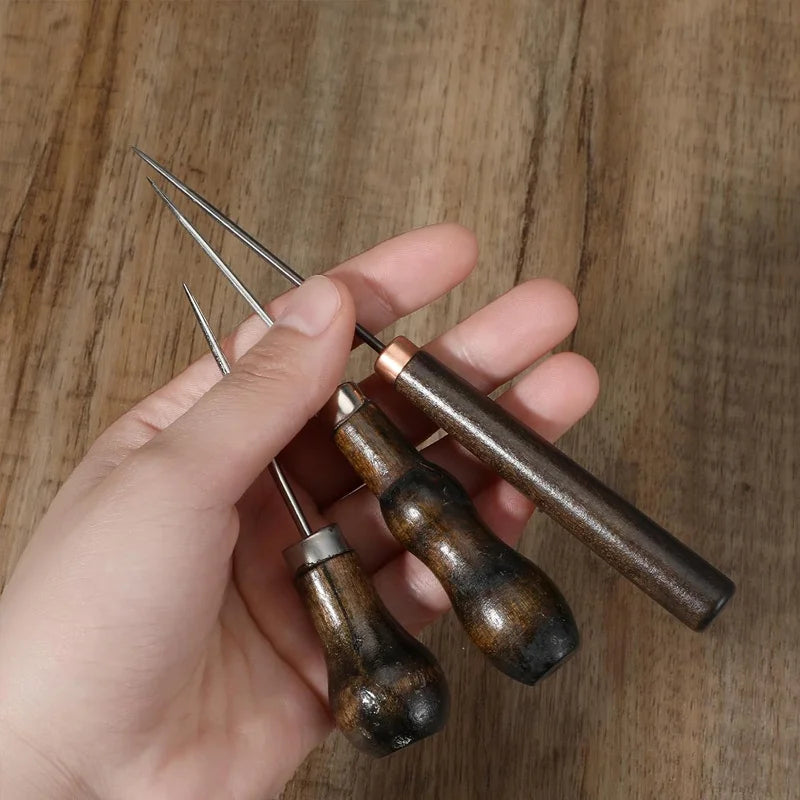 3pcs/Set Leather Awl Tool with Wooden Handle, Stitching Puncher for Sewing, Leathercraft, DIY Qme