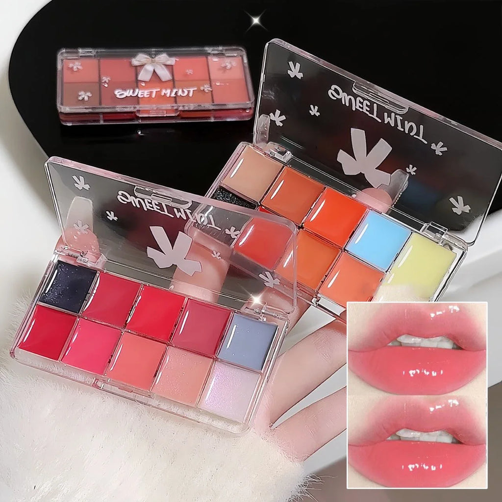 Bow 10Color Jelly Lip Gloss Palette Makeup Moisturizing Liquid Lipstick Palette Raspberry Red Jelly Transparent Lip Glaze Tinted Qme