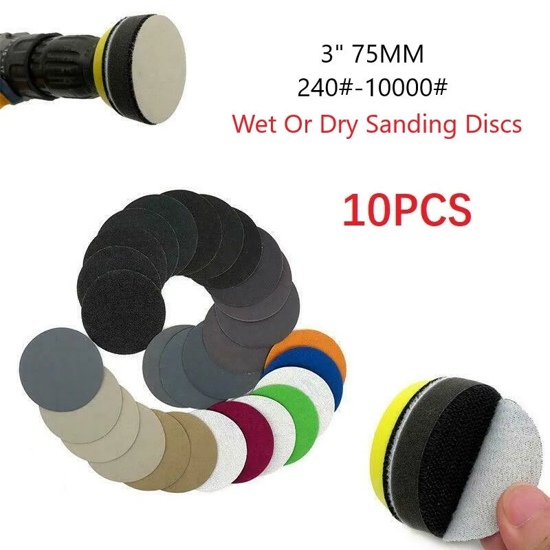 10Pcs Wet/Dry Sandpaper 3 Inch 75MM Hook And Loop Silicon Carbide 240-10000 Grits Waterproof Sanding Disc Qme