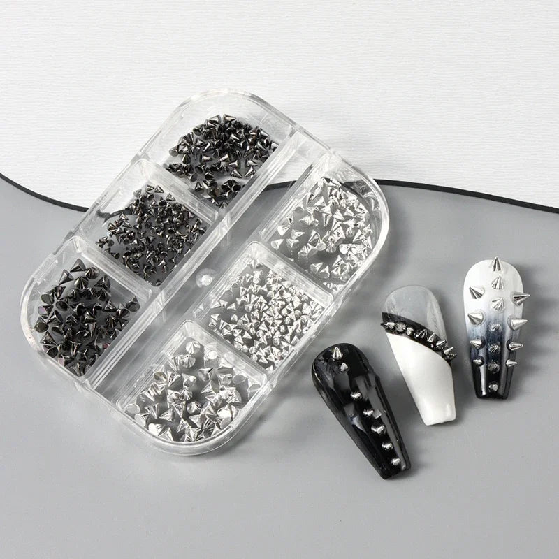 6 Grids Y2K Punk Metal Rivet Nail Charms Cone Mixed Sized Black Qme