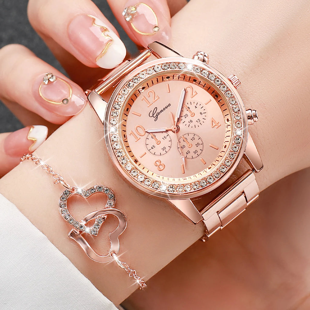 6PCS/Women's Watch Fashion Diamond Steel Strap Quartz Watch Double Heart Jewelry Set (No Box) Qme