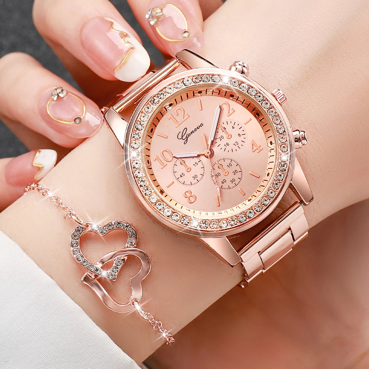 6PCS/Women's Watch Fashion Diamond Steel Strap Quartz Watch Double Heart Jewelry Set (No Box) Qme