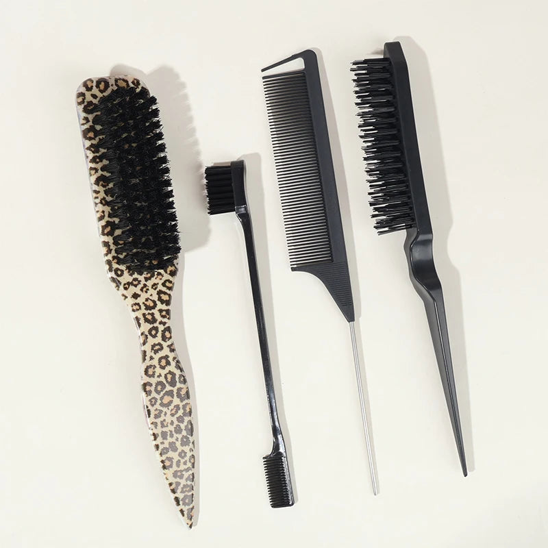 Boar Bristle Slick Back Hair Brush for Sleek Ponytail Bun & Smoothing Baby Hairs, Flyaways, Edge Control - Backcombing & Teasing Qme