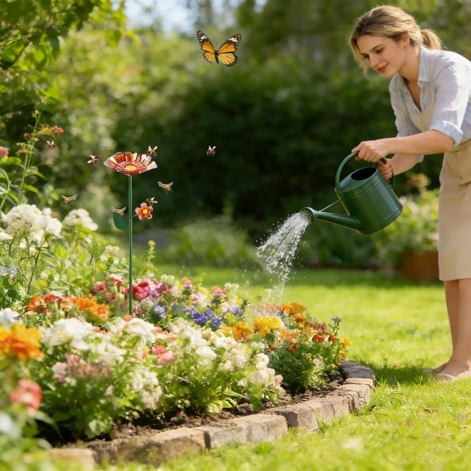 Bee Watering Station For Garden Outdoor Flower Shaped Bird Feeder Water Bowl Backyard Hummingbird Drinker For Lawn Patio Balcony Qme
