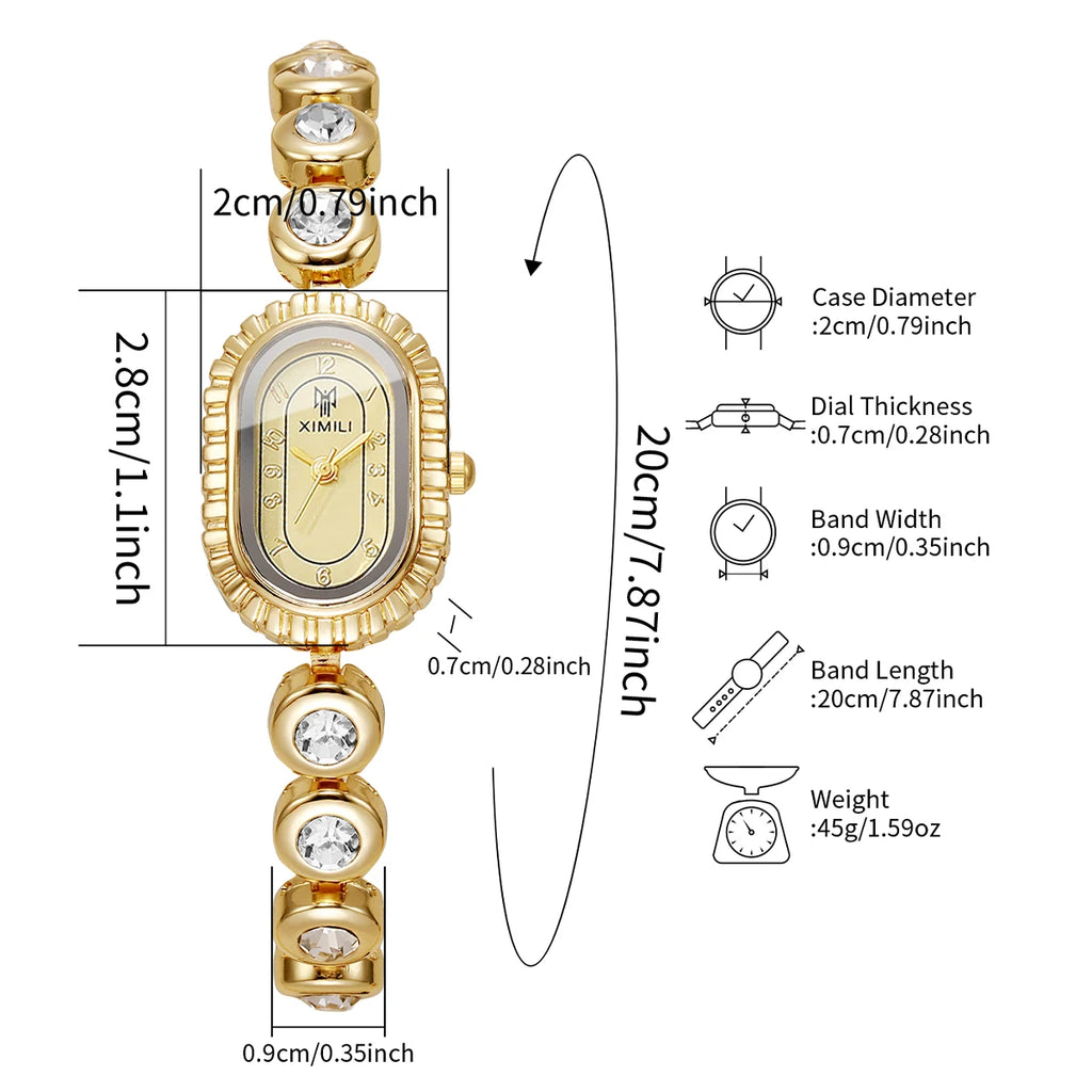 Women's Luxury Crystal Quartz Watch, Oval Gold Dial with Diamond Bezel and Gold Tone Band, Casual/Office Wear Qme