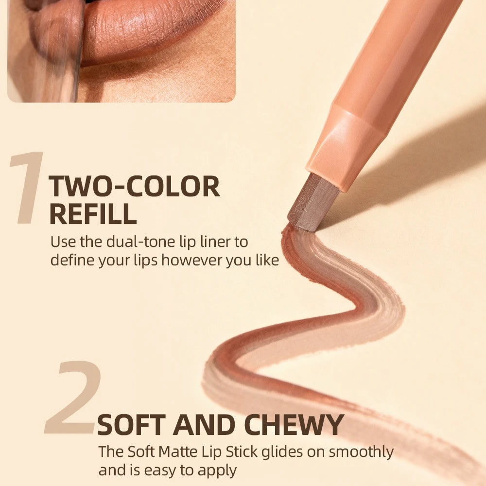 Two-color Lip Liner Pen Smooth Long Lasting Non Stick Cup Matte Lip Pencil, Easy To Color Smudge-Proof Plumping Lip Makeup Qme