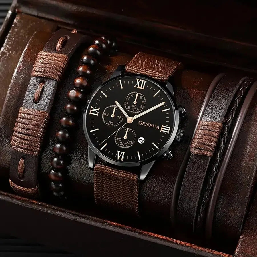 4pc Men Business Fashion Casual Round Pointer Calendar Quartz Watches 3pc Bracelet Qme Brown RG set