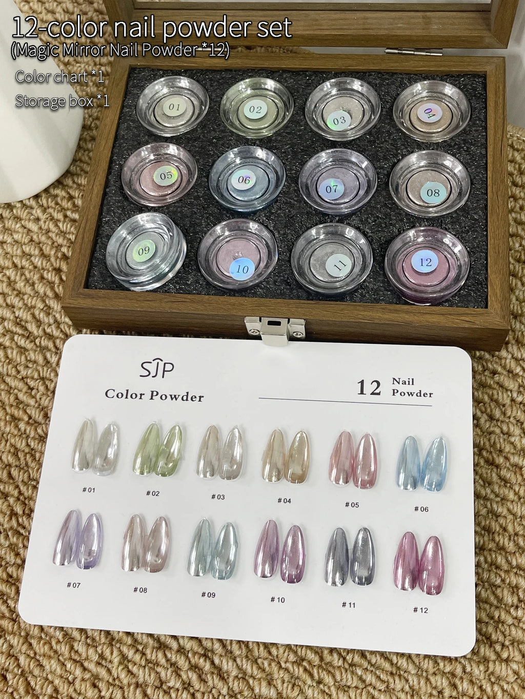 12-Color Fresh Magic Mirror Nail Powder Cards Storage Box DIY Art Qme