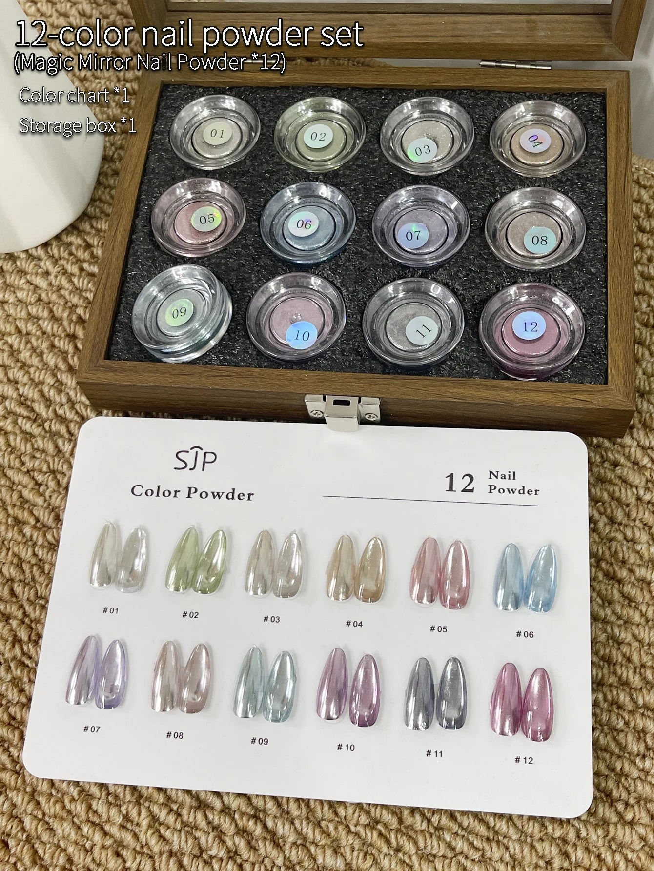 12-Color Fresh Magic Mirror Nail Powder Cards Storage Box DIY Art Qme