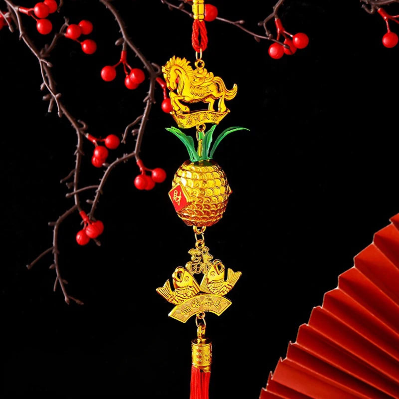Chinese Year 2026 Celebration Decor Horse Red Gold Pineapple Hanging Qme