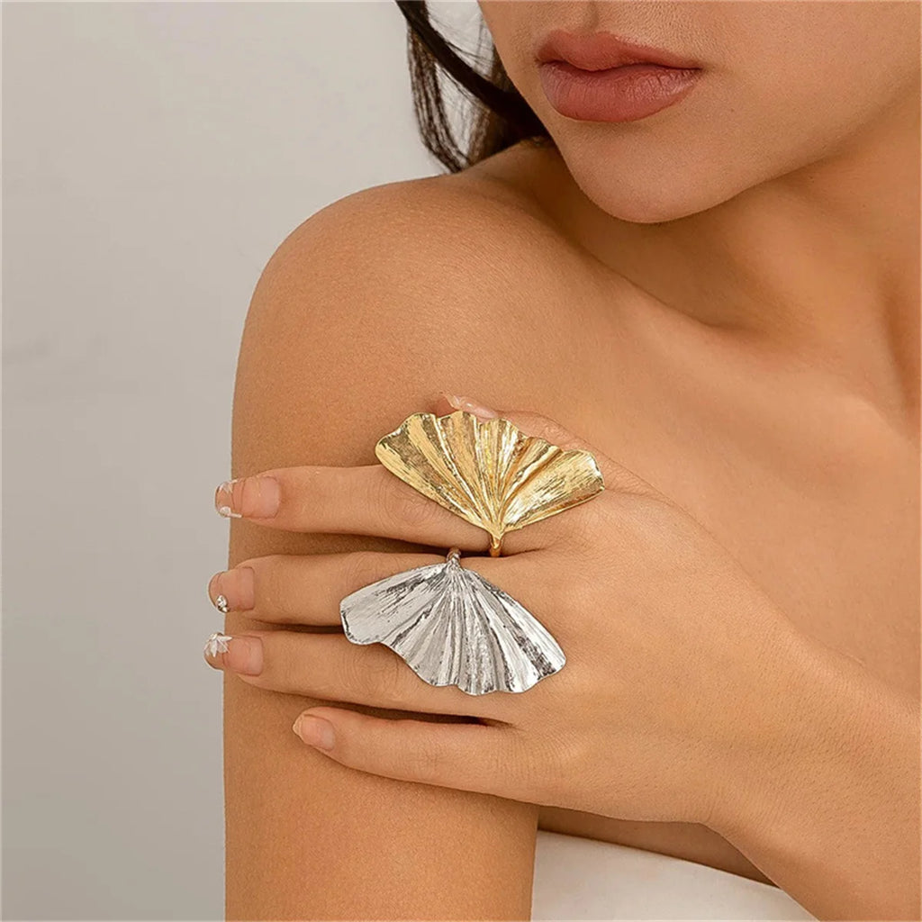 Fashion Leaf Ring for Women Men Fashiontrend Classic Metal Pleated Personality Leaf Fan-Shaped Finger Ring Punk Party Jewelry Qme