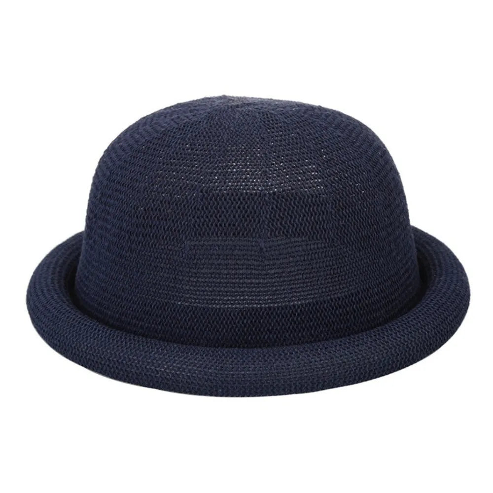 Casual Solid Bucket Hat Cotton Linen Rolled-brimmed Fedora Breathable Qme Navy Blue