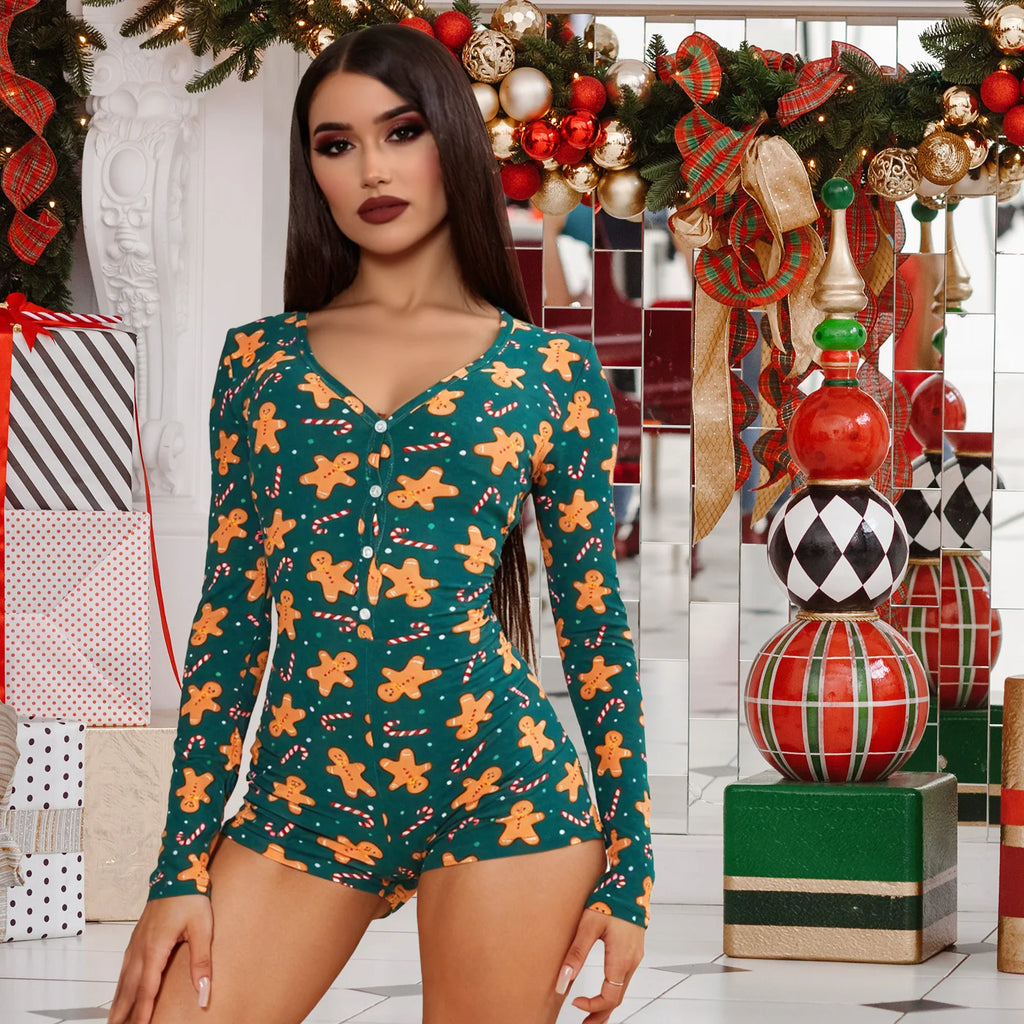 Women's Christmas One Piece Long Sleeve Jumpsuit Gingerbread Printed Romper Pajamas V-Neck Shorts Jumpsuit Cosplay Costume Qme