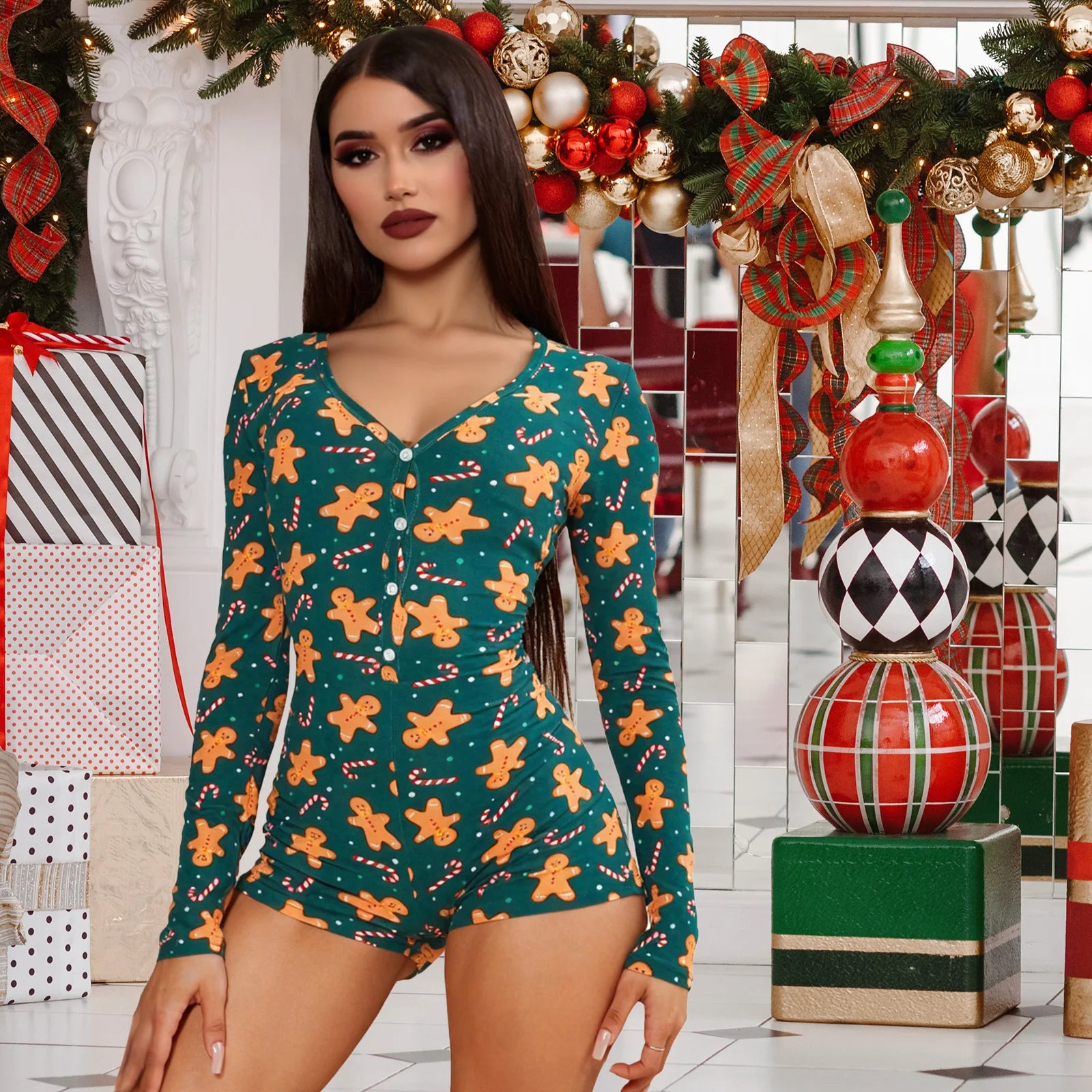 Women's Christmas One Piece Long Sleeve Jumpsuit Gingerbread Printed Romper Pajamas V-Neck Shorts Jumpsuit Cosplay Costume Qme