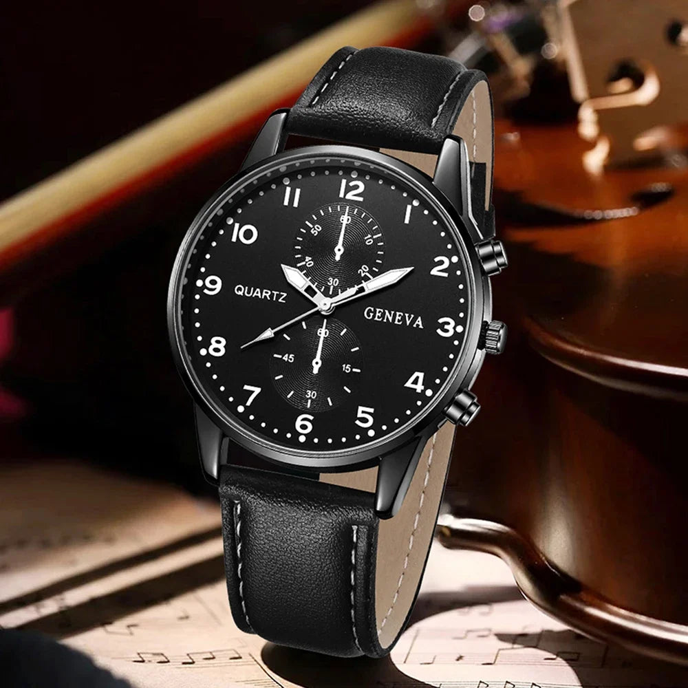 4PCS Black Men's Watch Set Business Fashion Quartz Watch Bracelet Necklace Earrings Ring Set Perfect Gift for Friends or Dad Qme