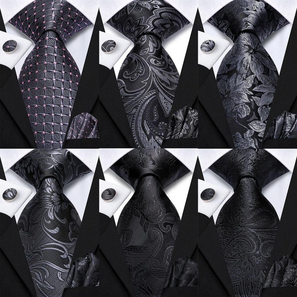 Hi-tie Fashion Black Grey Floral Mens Elegant Tie Handkerchief Qme