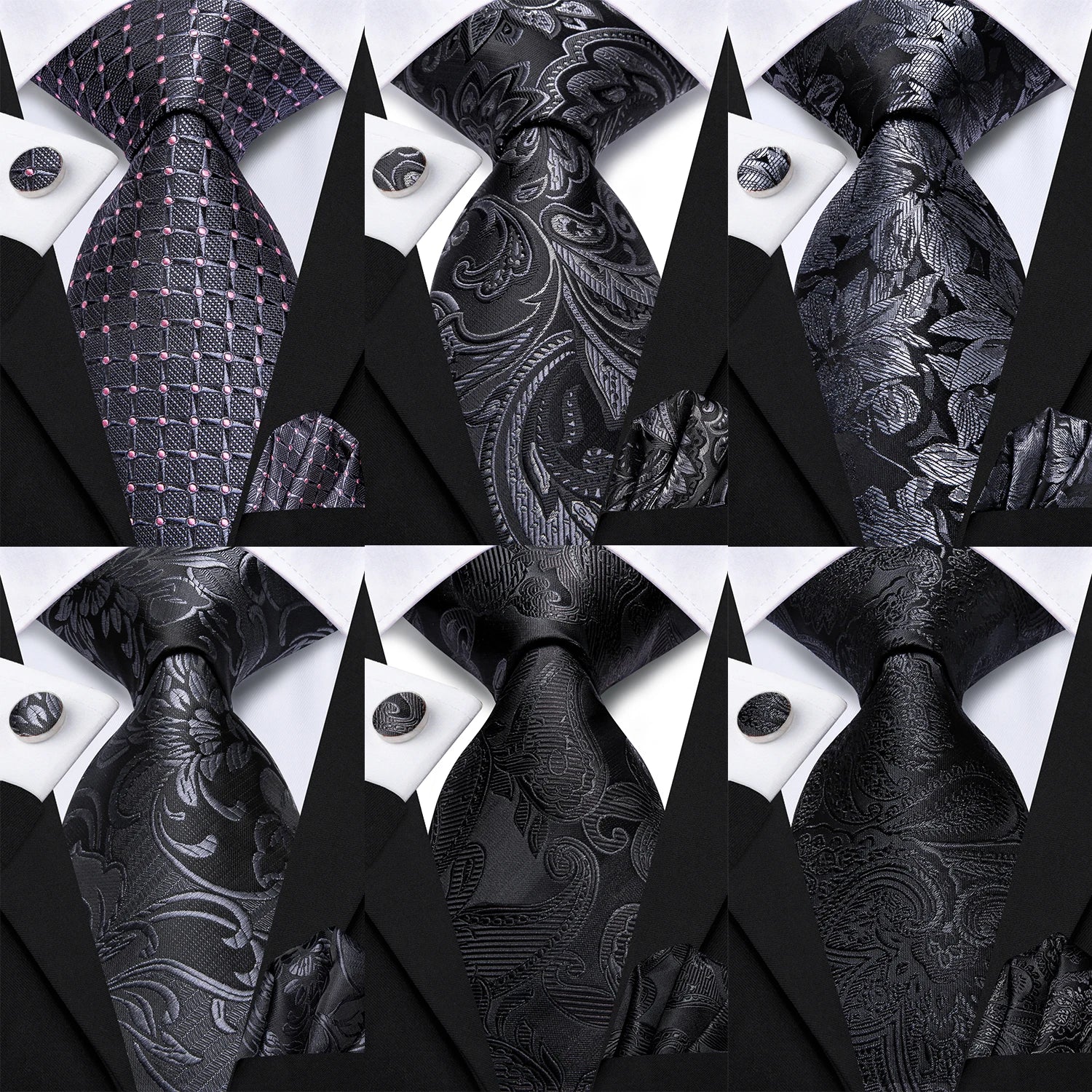 Hi-tie Fashion Black Grey Floral Mens Elegant Tie Handkerchief Qme