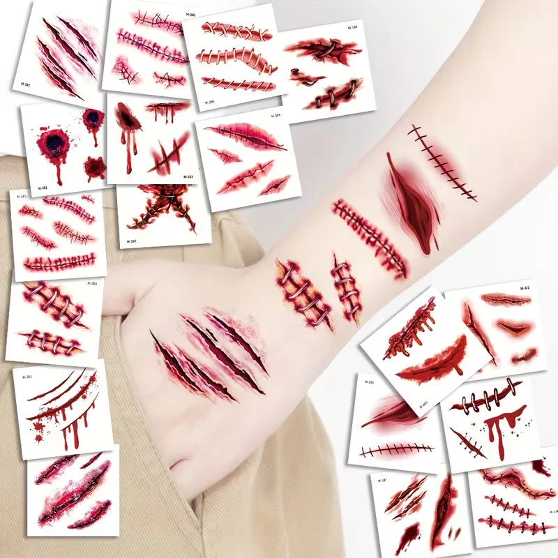 20 Sheets 3D Realistic Scar Tattoos Waterproof Fake Bloody Wound Qme
