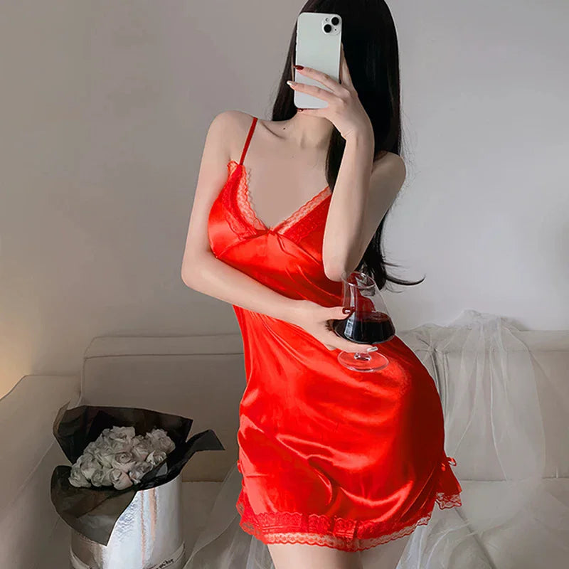 Stylish Lingerie Suspenders Nightdress Women Thin Lace Slit Pajamas Qme