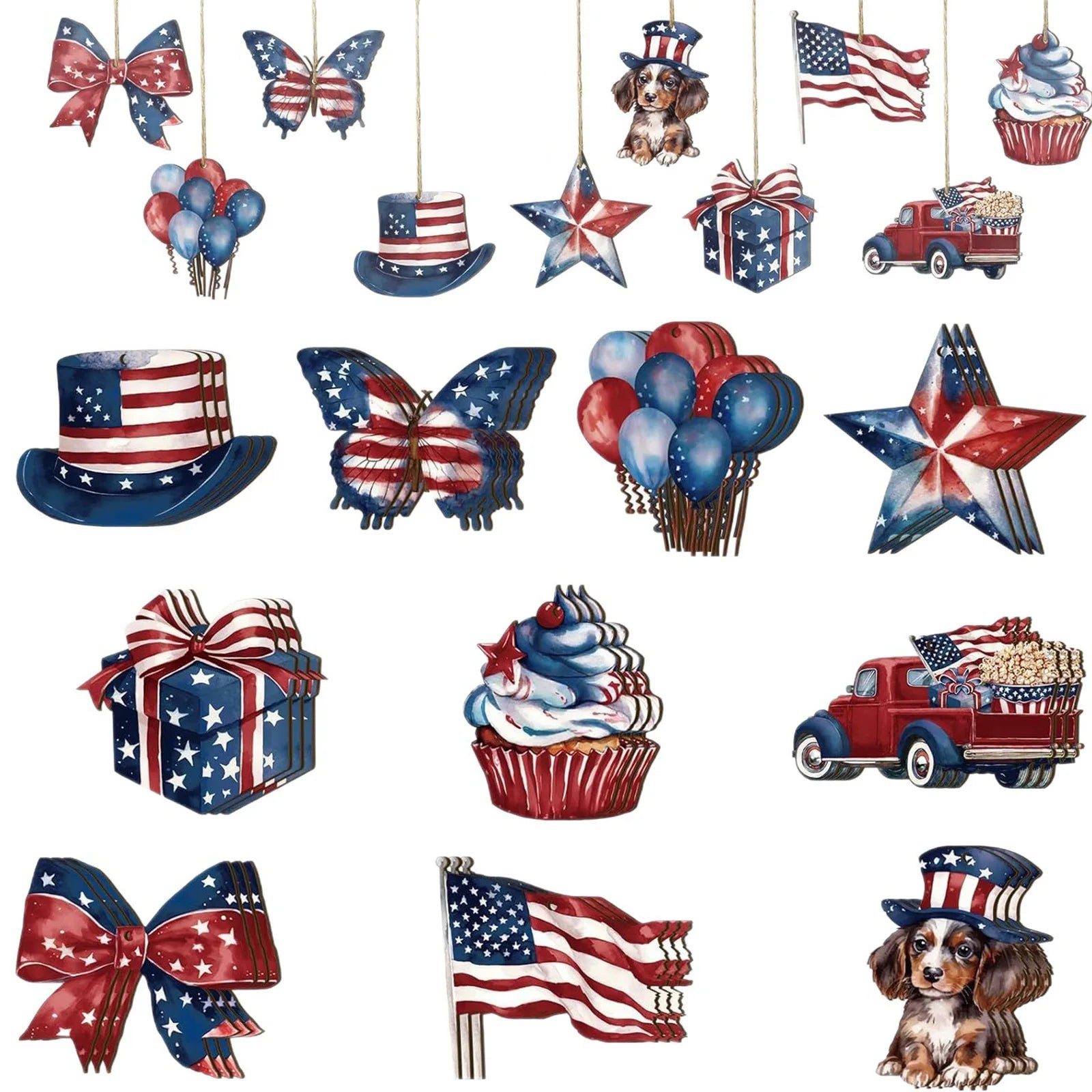 Independence Day Hanging Wooden Ornament Set Includes 12 Patterns and Hanging Ropes Anniversary Party DIY Decor Supplies Qme C One Size