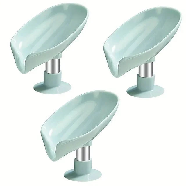Leaf Design Drain Soap Box With Suction Cup Decorative Plastic Self Draining Bathroom Soap Tray Bathroom Organizers Storage Qme 3pcs Green