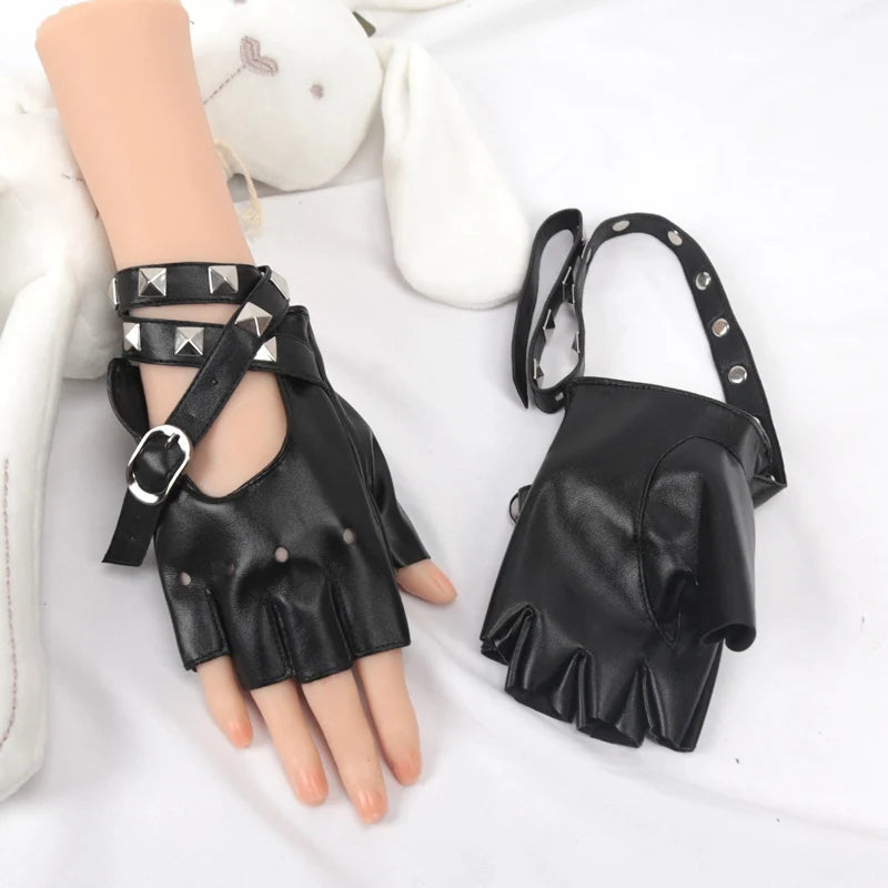 Black Sexy Bandage Rivet Gloves Personality Buckle Straps Punk Women Qme black