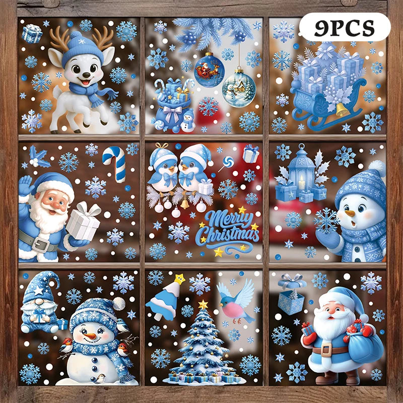 Blue Christmas Window Clings-Static Sticker Set With Bells, Reindeer, Santa, Snowflakes & Snowman For Holiday Party Decor Qme A15
