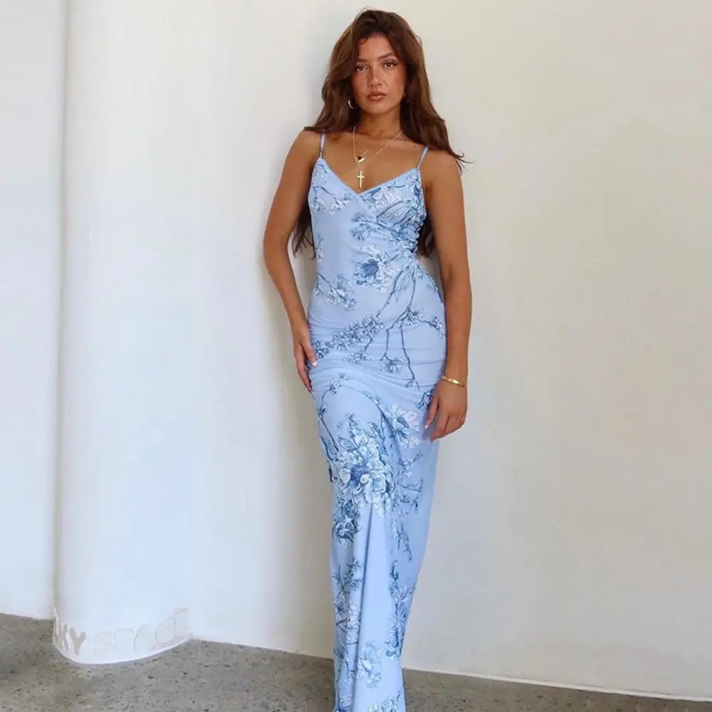 Slim-fit Dresses Sleeveless Print Suspender Dress Vneck Backless Floral Long Dresses Halter Cross Maxi Dress Club Qme blue S