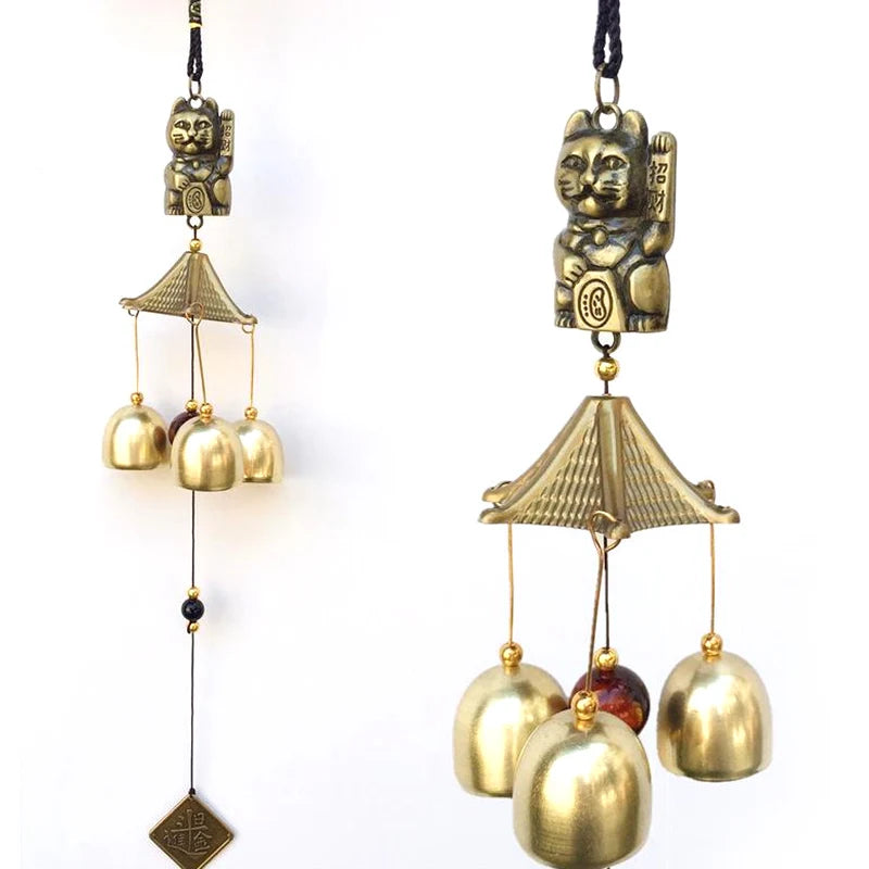 Lucky Cat Feng Shui Pendant Metal Copper Wind Chime Door Decoration Qme