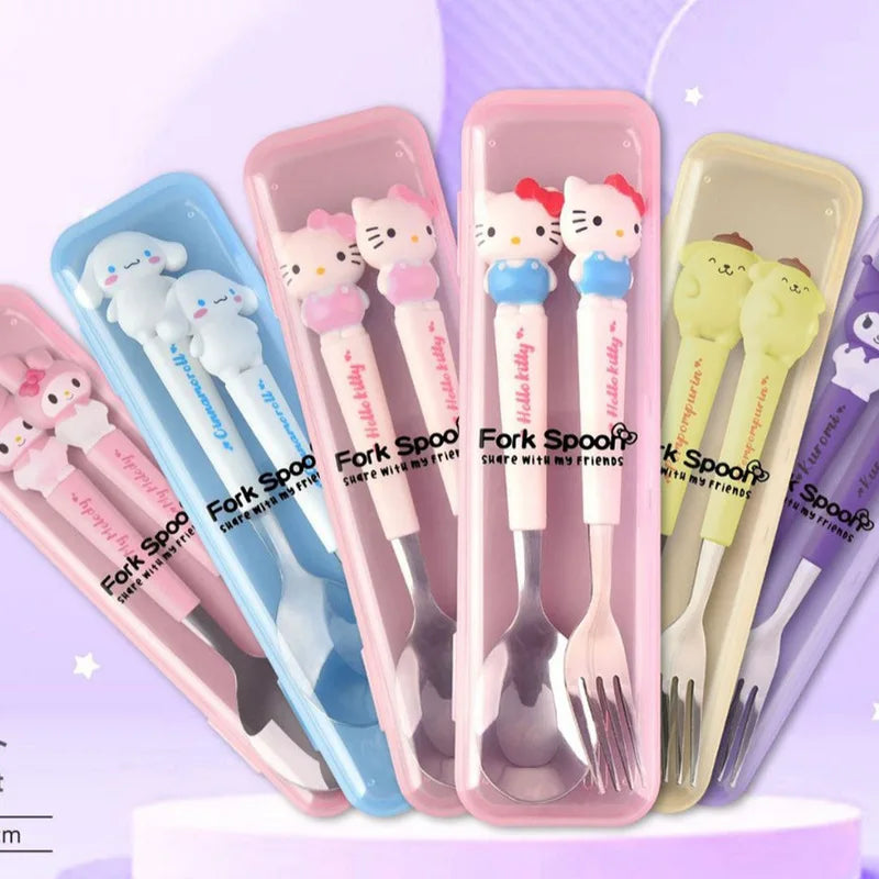 Hello Kitty Kuromi 304 Stainless Steel Cutlery Set Cute Cartoon Portable Cutlery Set with Chopsticks and Spoon Qme