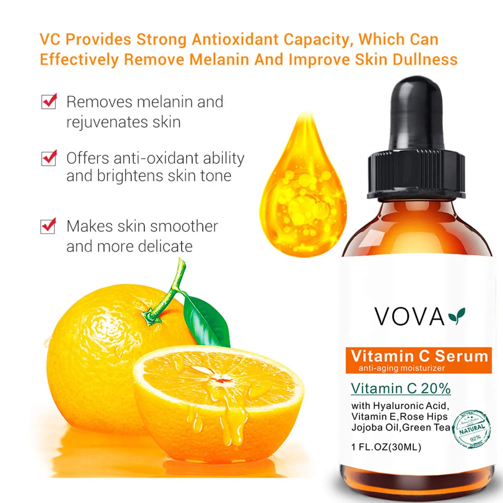 20% Vitamin C Liquid Serum Anti-aging Whitening VC Hyaluronic Acid Face Serum Brighting Moisturising Fade Fine Lines Skin Care Qme