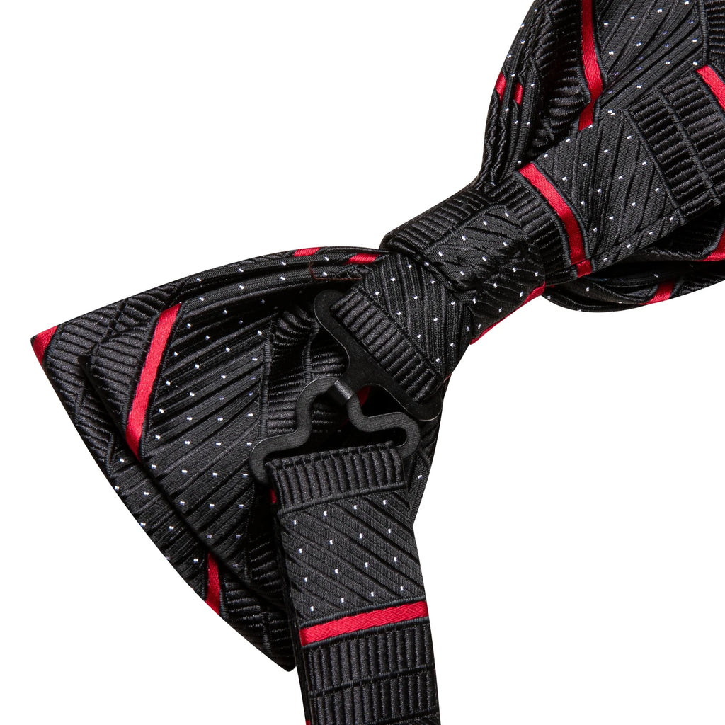 Hi-Tie Striped Black Red Mens Bow Tie Hankerchief Cufflink Pre-tied Silk Butterfly Knot Bowtie for Male Business Party Wholesale Qme