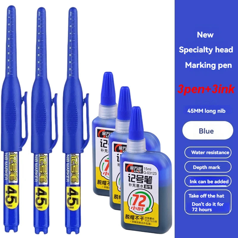 1-40Pcs 45mm Waterproof Deep Hole Marker Pens Long Nib Head Carpenter Pen Black White Ink for Multi-Purpose Woodworking Tools Qme blue 3pen 3ink