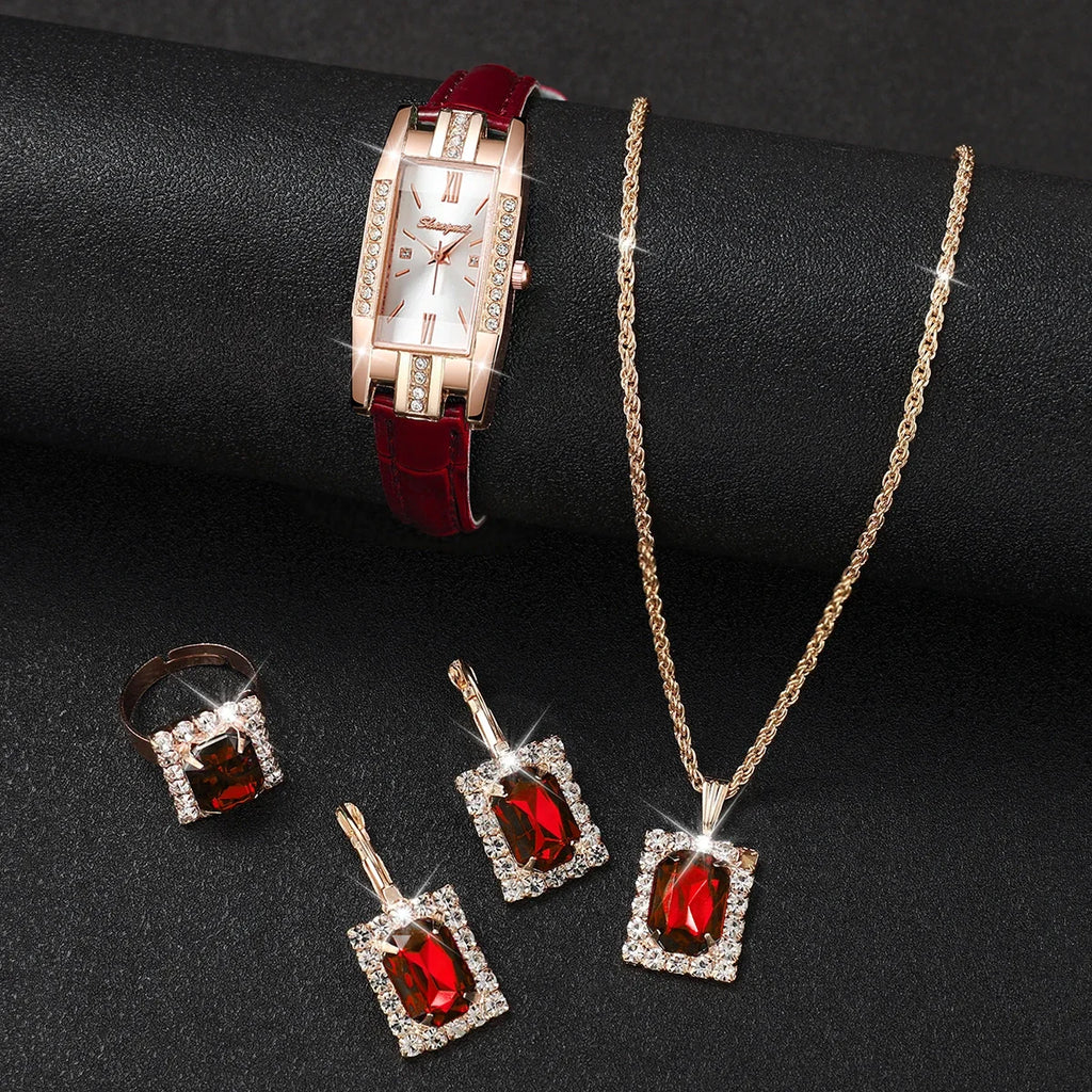 5-piece set of light luxury rectangular diamond studded women's leather strap watch Roman numerals thin strap quartz watch set Qme