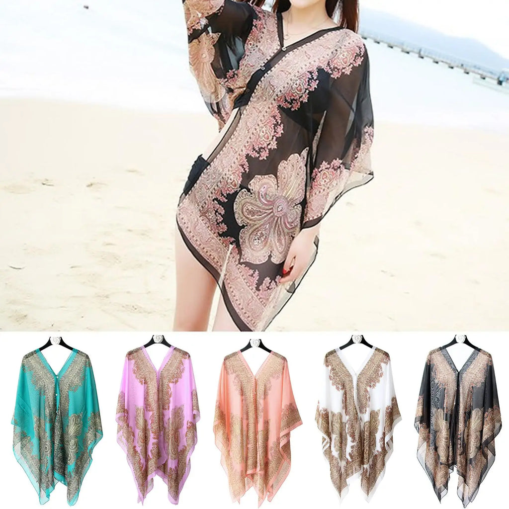 Woman Chiffon Blouse Fashion Women Scarf Shawl Printed Sunscreen Sun Protection Shawl Beach Shawl Soft Loose Bikini Cover Tops Qme