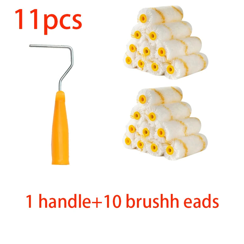 10 paint roller sets and 1 handle, 4 inches, paint roller tool set, metal, plastic, fabric material Qme 11pcs