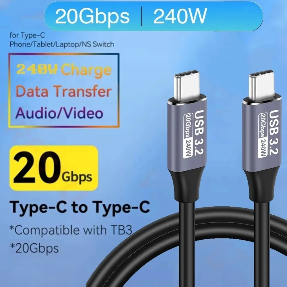 USB 3.2 20Gbps Type C to Type C Cable 240W 5A Fast Charging 4K@60Hz Audio Video Sync Cord For Laptop Steam Deck ROG Ally Devices Qme