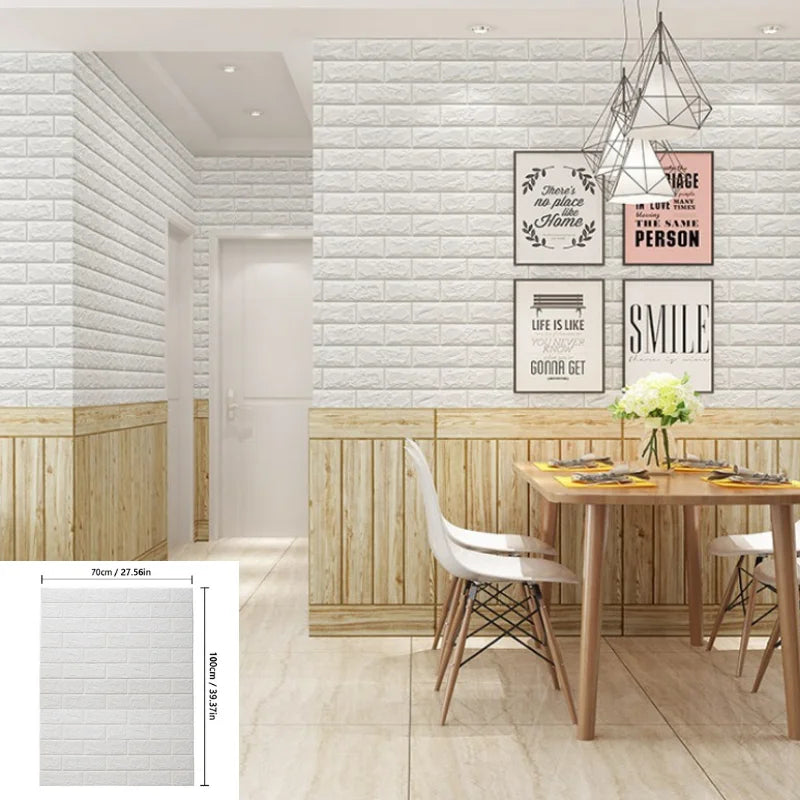Waterproof Stain Resistant 3D Brick Wallpaper 70cmx2m Wall Sticker Qme white 70CMx1M 2pcs