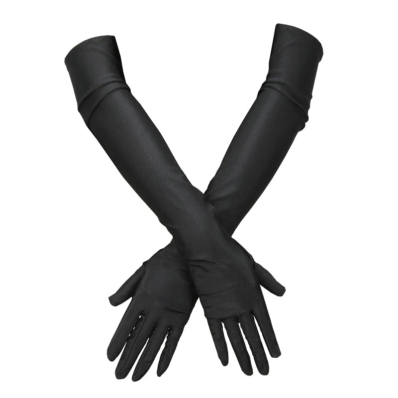 Women Long Gloves Finger Elbow Protection Opera Evening Party Prom Qme black length 52cm