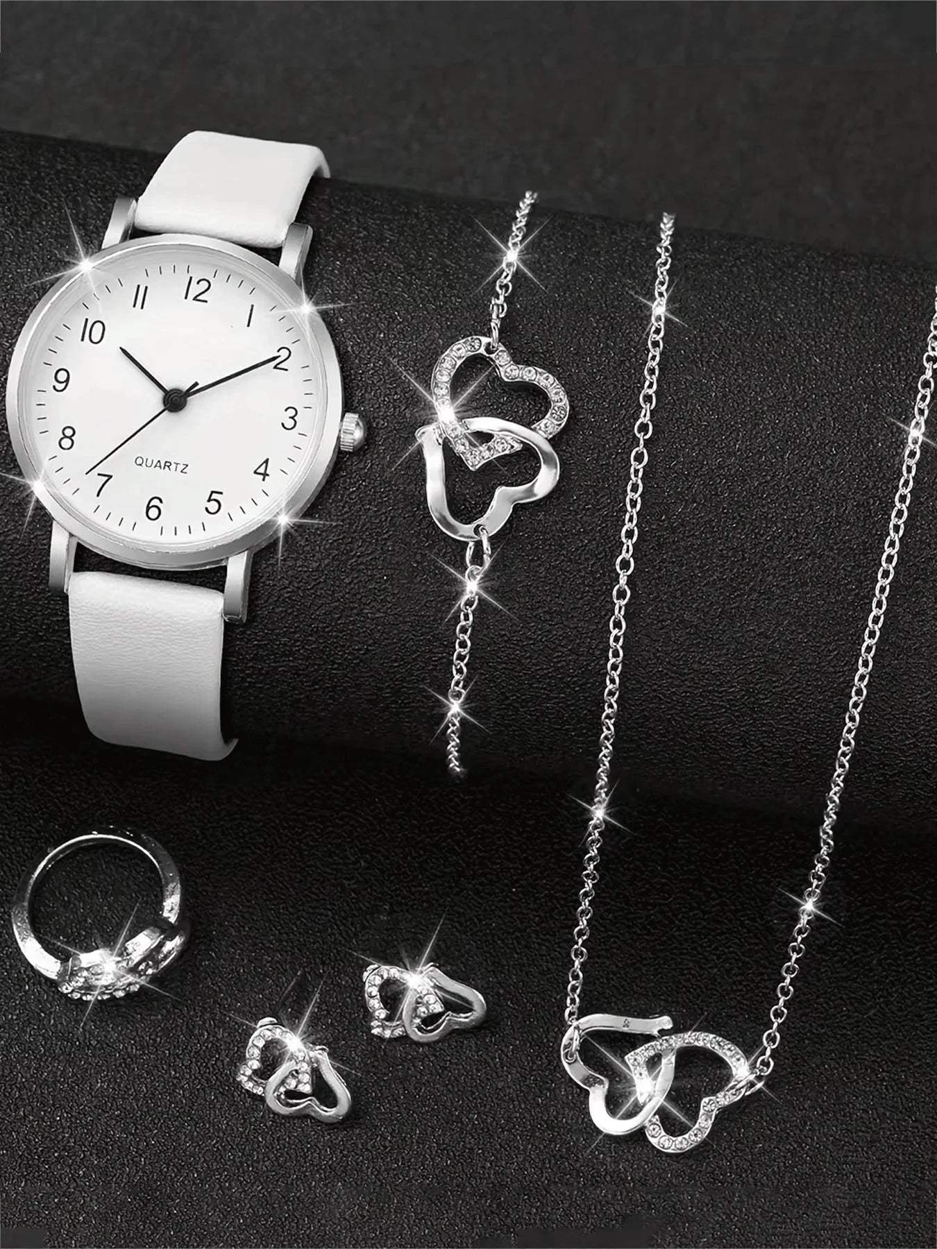 5Pcs Women Heart Diamond Jewelry Set, White Leather Quartz Watch + Necklace Earrings Bracelet Ring Gift Kit Qme
